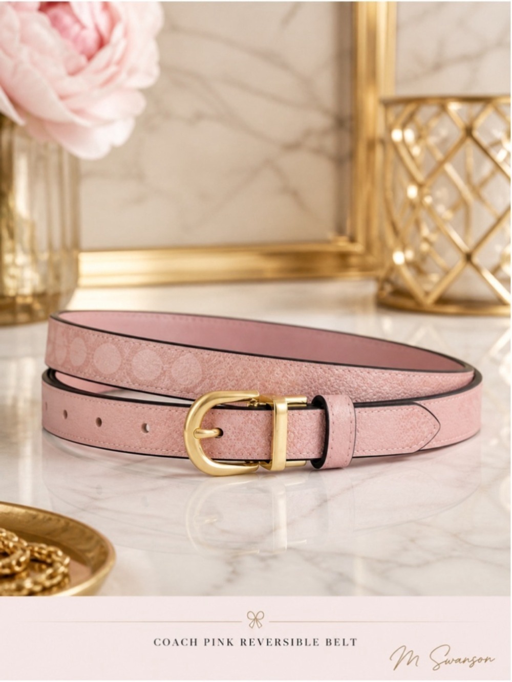 NEW Coach Reversible Pink Signature Belt Gold Buckle 18mm Cut-To-Size CX058 NWT
